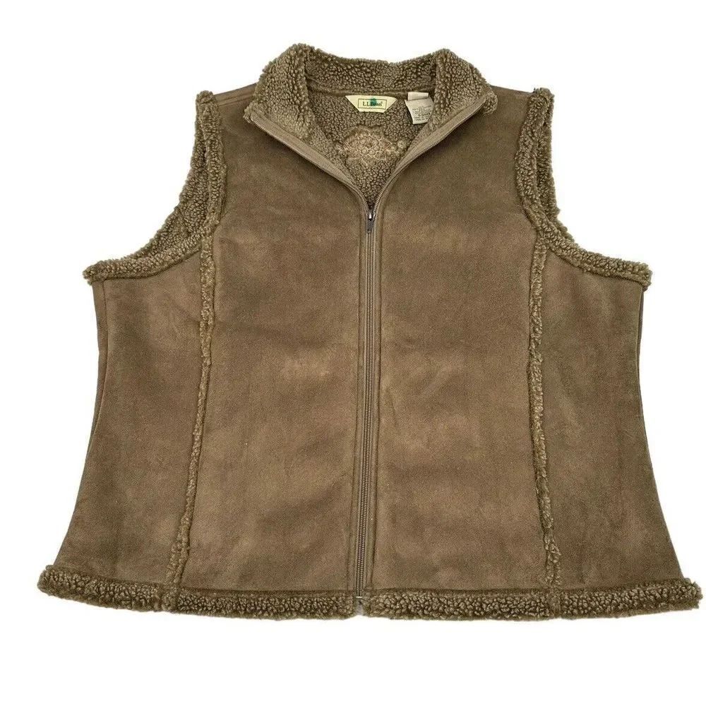 Lands’ End Brown Faux Suede Brown Warm Cozy Vest With Embroidery Women’s Size XL